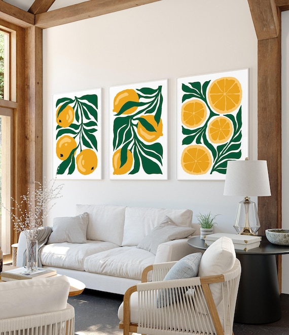 3 Piece Wall Set, Triptych Wall Decor, Yellow Lemon Art, Tropical