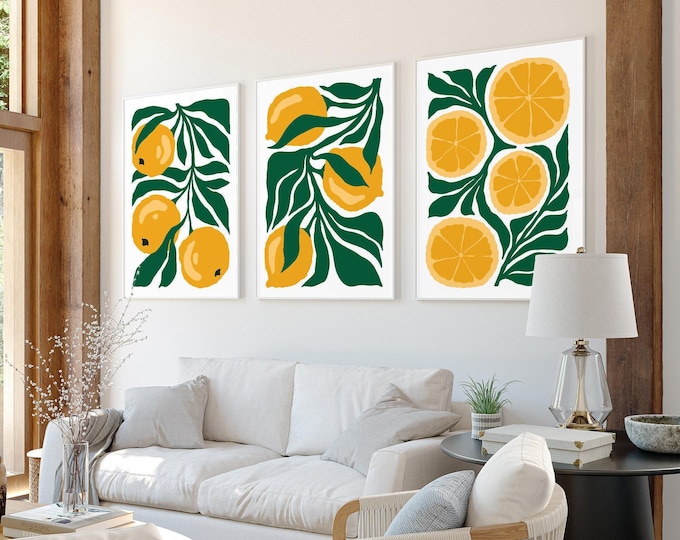3 Piece Wall Set, Triptych Wall Decor, Yellow Lemon Art, Tropical Blocks Canvas, Farmhouse Citrus Fruit Sign, Kitchen Print