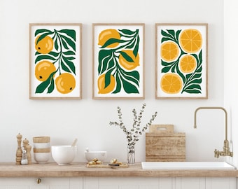 Yellow Lemon Wall Art Prints, Set Of 3 Canvas, Tropical Blocks Triptych, Farmhouse Citrus Fruit Sign for Kitchen • 425