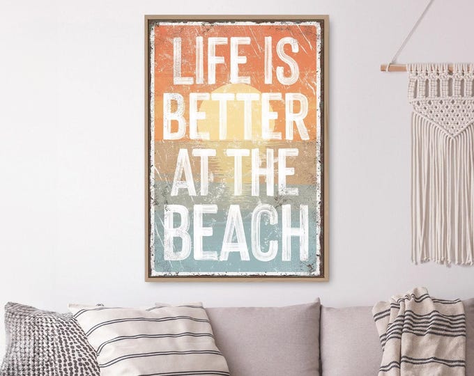 Seaside Vibes Sunset Sign, Life Is Better at the Beach, Retro Orange Coastal Wall Art