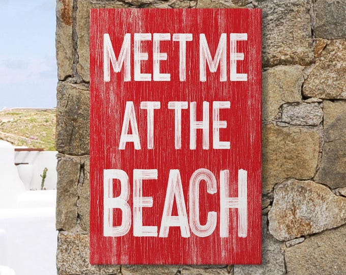 Meet Me At The Beach Sign: Retro Red Canvas - Rustic Farmhouse Decor