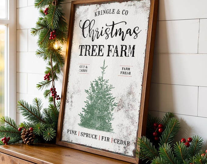 Kringle and Co, Christmas tree farm sign with a green pine tree