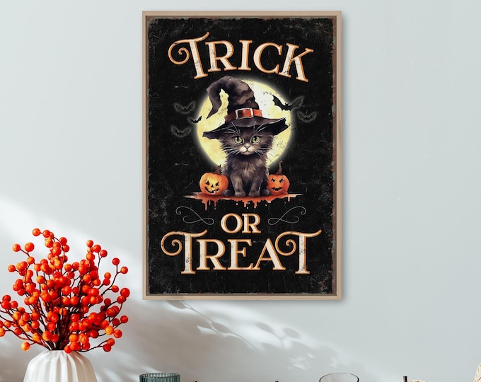 Cat Halloween Decor, Trick Or Treat Sign, Black and Cream Wall Art