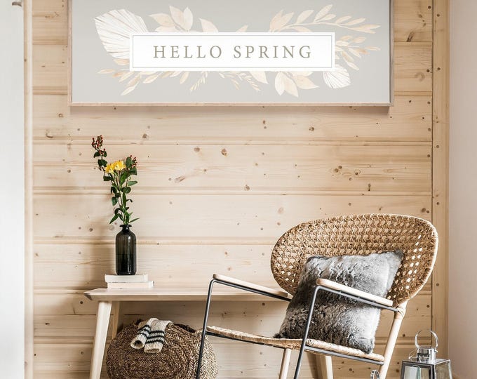Neutral Hello Spring Sign - Large Graige and Blush Canvas Wall Art