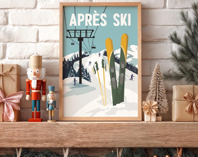 Apres Ski Print, Green and Teal Chairlift Cabin Art, Rustic Winter Ski Gift