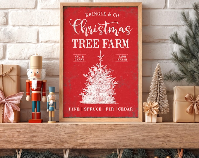 Christmas Tree Farm Sign, Kringle and Co Cut and Carry Print on Red