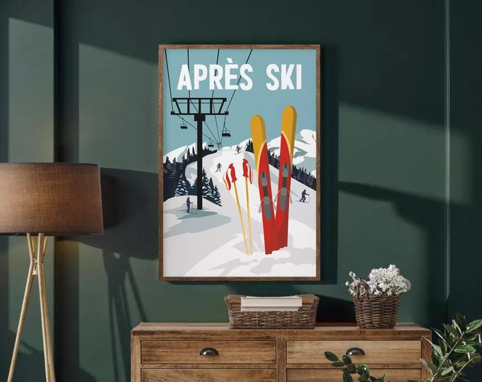 Red Mountain Sign, Apres Ski Chairlift Poster with Skis on Pale Teal, Lodge Wall Print