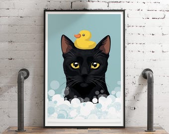 Black Cat Wall Art: Funny Bubble Bath Scene (Framed or Unframed)