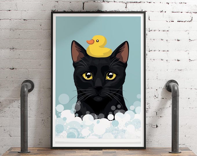 Black Cat Wall Art: Funny Bubble Bath Scene (Framed or Unframed)