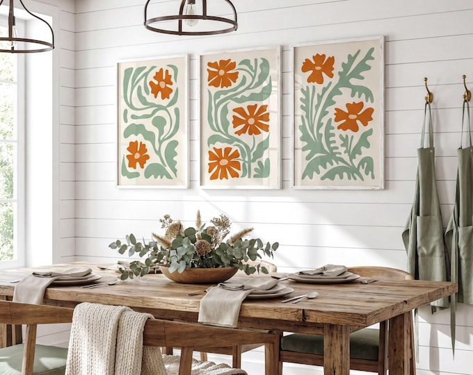 Abstract Flower Art, Rust Orange Blooms on Cream, Sage Stem Triptych Set