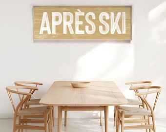 APRES SKI Sign in butternut and white, faux weathered wood, apres ski wall print, vintage farmhouse ski sign, long horizontal wall decor