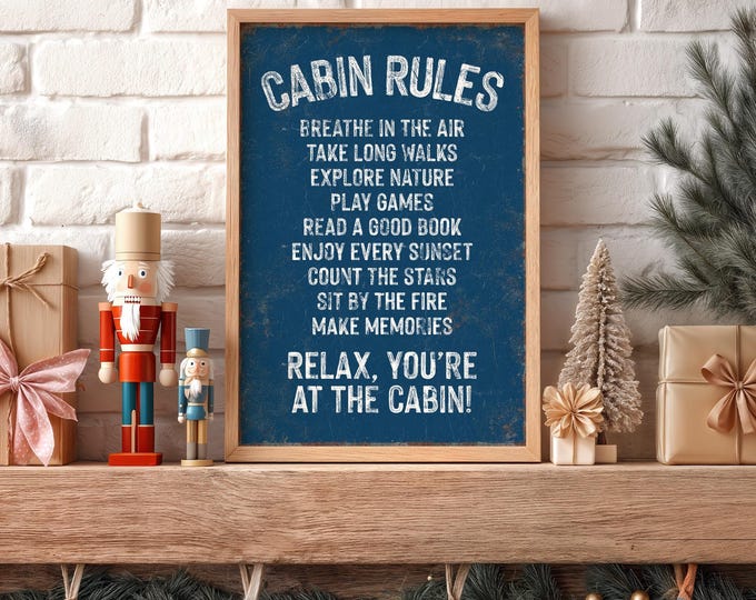 Cabin Rules Navy Blue Lodge Wall Art, Breathe In The Air, Rustic Mountain Gift