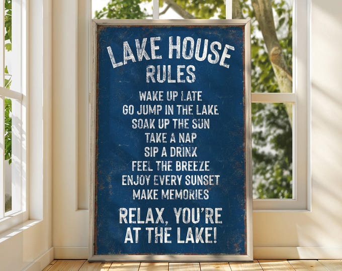 Aluminum Metal Sign, Lake House Rules Wall Art, Navy Blue Cabin Gift