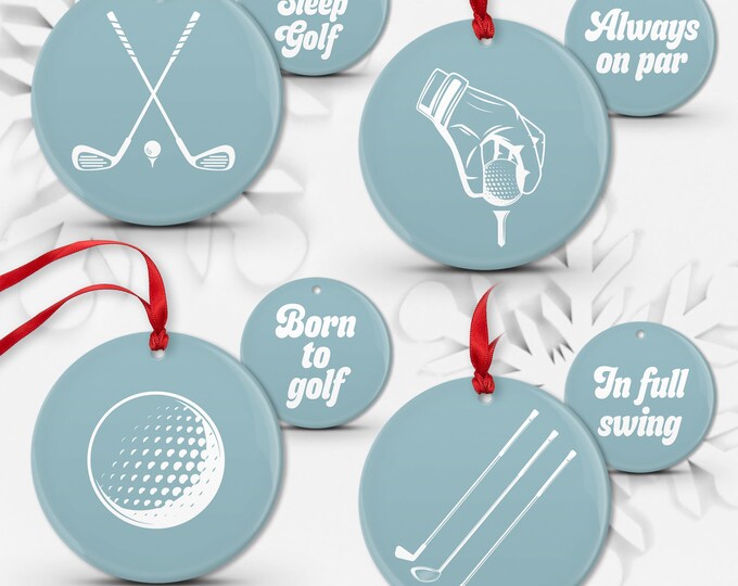 Light Tide Blue Golf Christmas Ornaments, Bulk Set of 4 Double Sided Ceramic Porcelain or Shatterproof Aluminum, Choice of Color • 01, 04