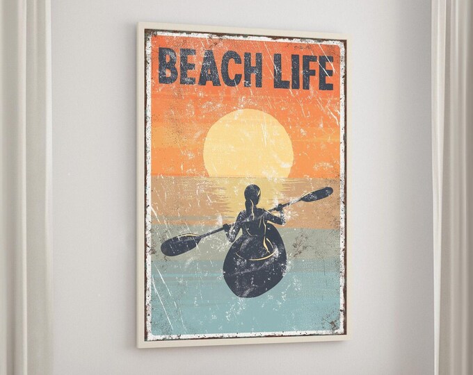 Beach Life Wall Art: Vintage Kayaking Scene - Rustic Wood Frame