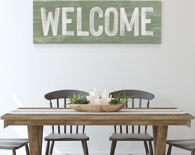 Seagrass Green Art, White Welcome Lettering, Long Horizontal Farmhouse Canvas Sign