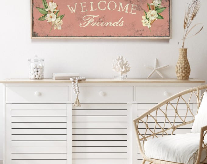 Coral Pink Magnolia Welcome Friends Canvas Print, Vintage Floral Welcome Wall Art, Modern Farmhouse Spring Decor, Antique Retro Flower Sign