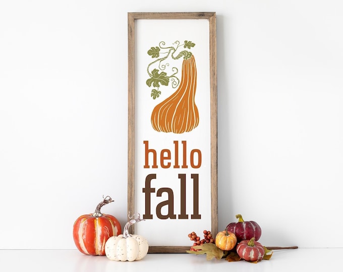 Autumn Decoration, Hello Fall Vertical Plank Sign, Cream and Rust Wall Art