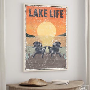 Aluminum Lake Signs, Vintage Lake Decor, Adirondack Art, Sunset Dock Scene, Rustic Wall Hanging, Canvas Print for Cabin