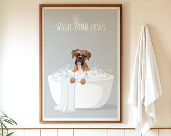 Boxer Bath Print, Canine Friend Art, Dog Mom Gift, Playful Pet Poster, Minimalist Wall Decor, Funny Bathroom Humor, Hand Illustrated