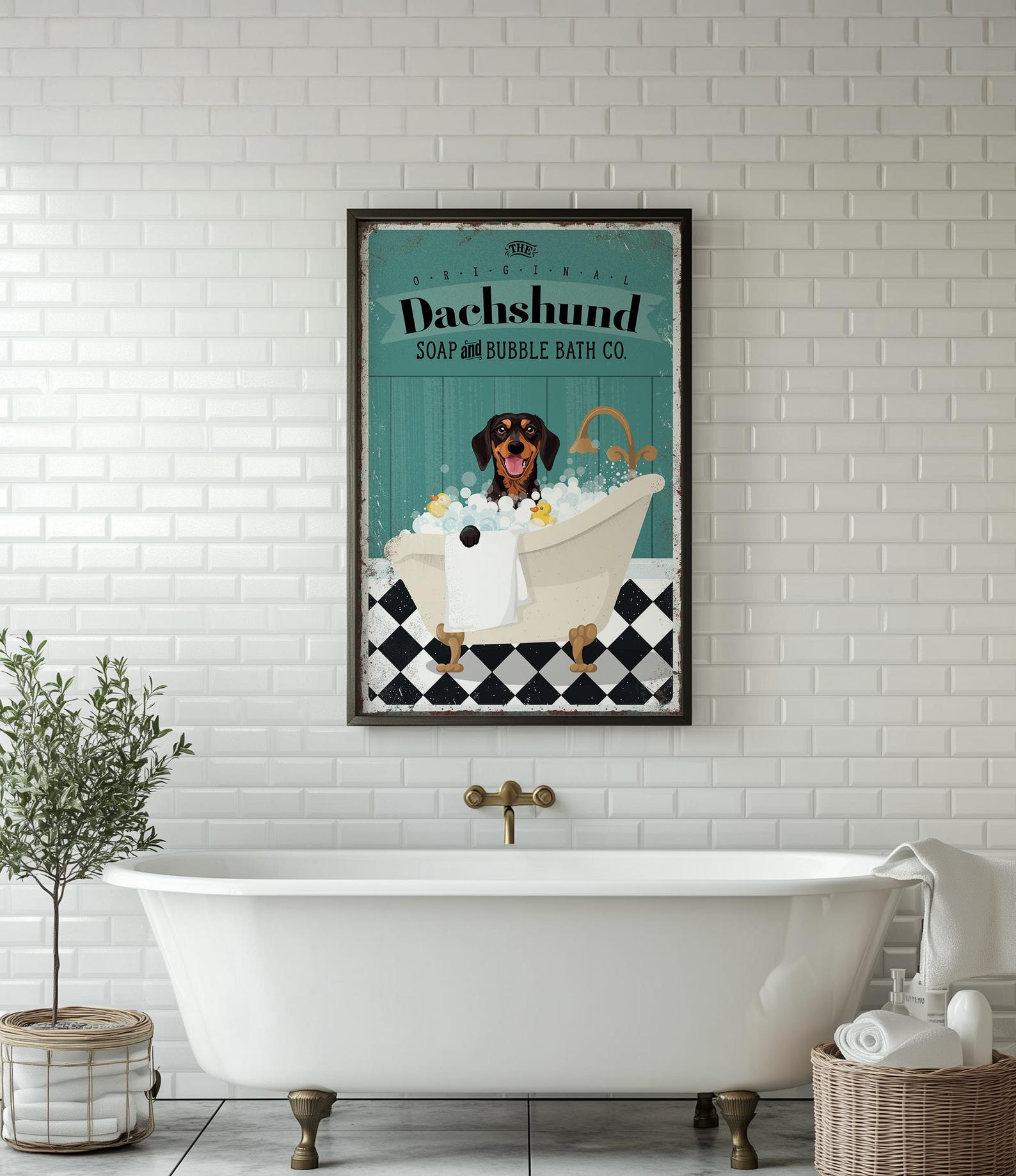 Dachshund Bubble Bath Bathroom Wall Art, Vintage Weiner Dog Powder Room ...