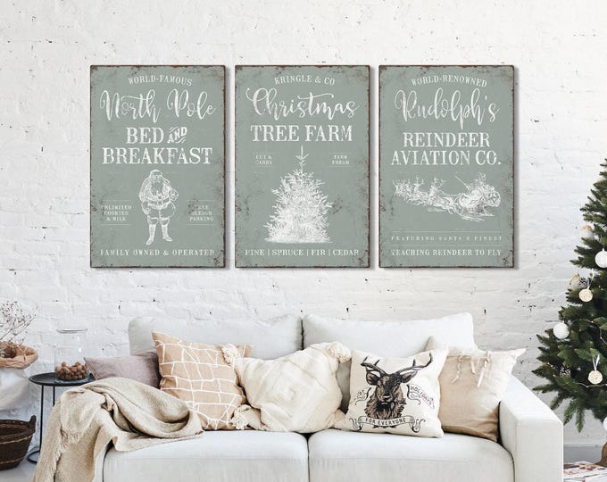 Rustic Sleigh Art, Three North Pole Panels with Santa and a Tree Farm on Sage Grey Green