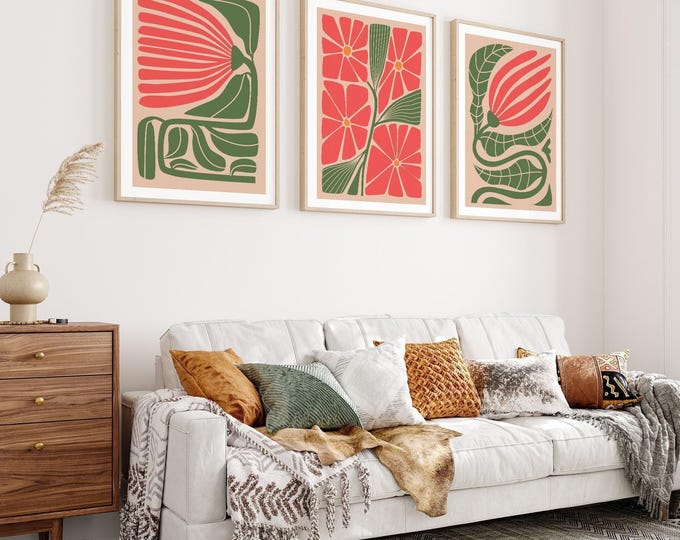 Abstract Floral Triptych in Blush Pink and Olive, Matisse Botanical Bedroom Wall Art