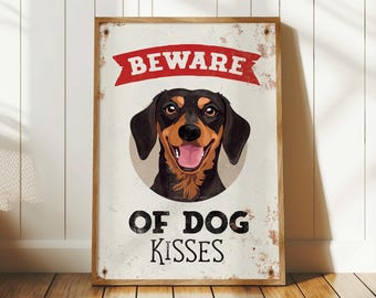 ダックスフンドの壁飾り、ユーモラスな「犬のキスに注意」、ダックスフンドの犬のアート、猫と犬のペット
