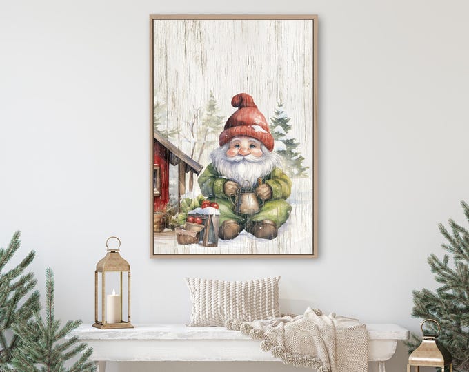 Watercolor Winter Gnome Art in a Red Hat beside a Small Barn on Soft Cream