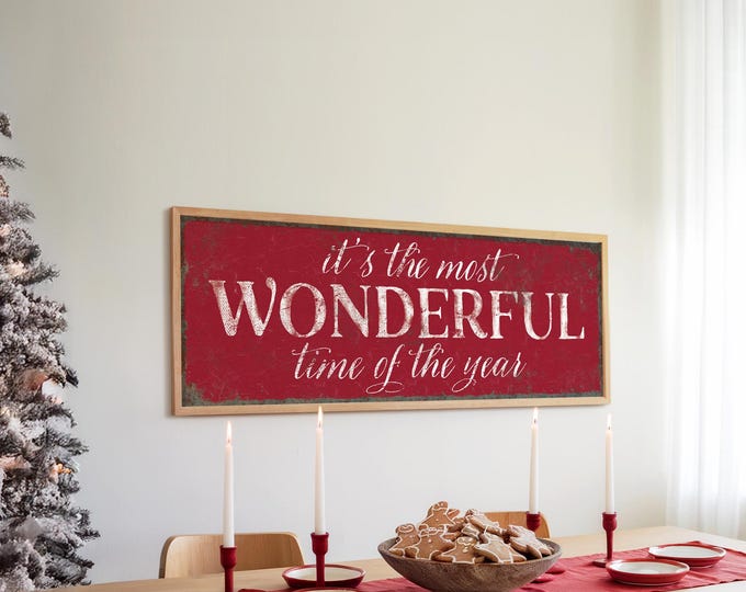 It's the Most Wonderful Time Sign: Deep Red Canvas - Farmhouse Christmas