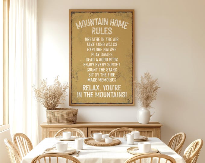 Mountain House Rules Sign, Butternut Yellow Cabin Wall Decor, Outdoor Art