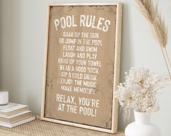 Pool Rules Sign: Retro Style, Beige Aluminum - Outdoor Wall Art