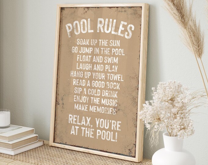 Pool Rules Sign: Retro Style, Beige Aluminum - Outdoor Wall Art
