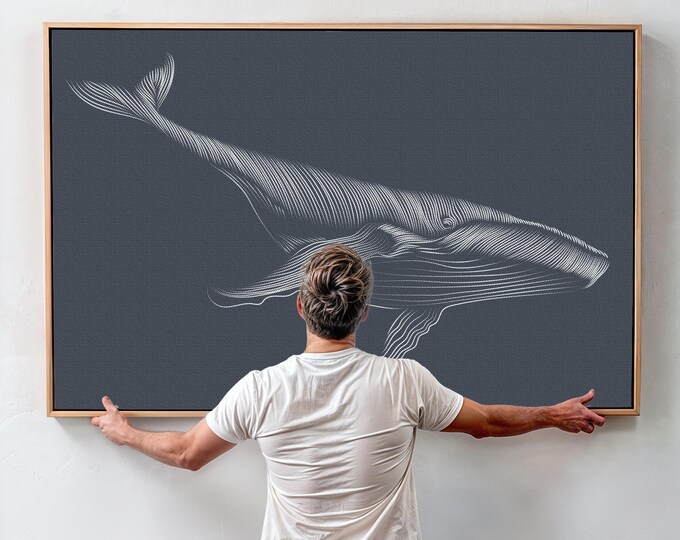 Blue Gray Whale Wall Art: Coastal Abstract Ocean Print