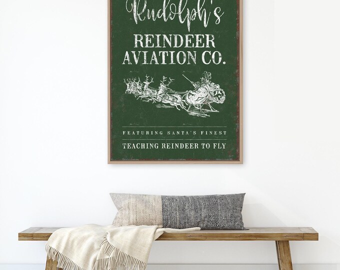 Reindeer Artwork, Rudolph's Aviation Co Featuring Santa's Finest in Cream on Forest Green