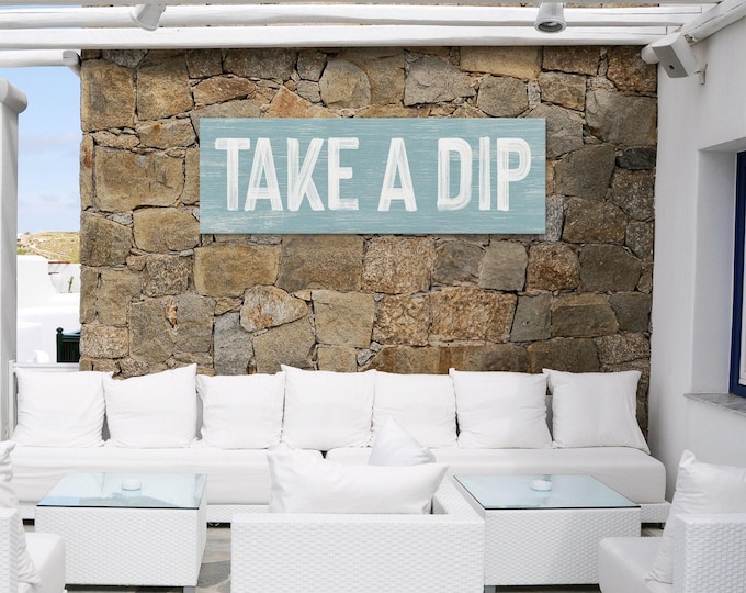 Unique Coastal Art, Take a Dip Sign, Tide Blue and White Wall Decor