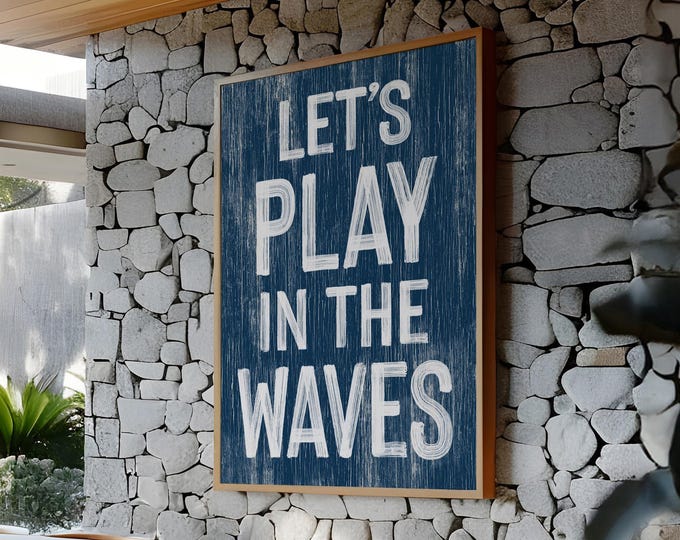 Lets Play Waves Navy Coastal Sign, White Vintage Beach House Wall Art, Ocean Lover Gift