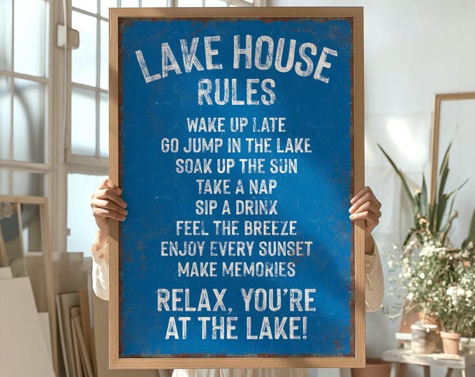 Travel Lover Gift, Cream on Cobalt Blue Lake House Rules Wall Sign, Cabin Decor