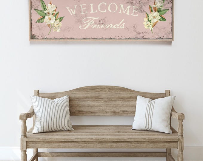 Welcome Friends Wall Art: Vintage Pink Magnolia Floral (Canvas or Paper)