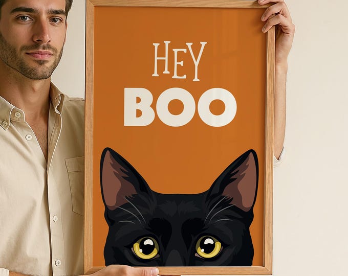 Gift For Cat Dad, Hey Boo Sign, Black and Orange Wall Art