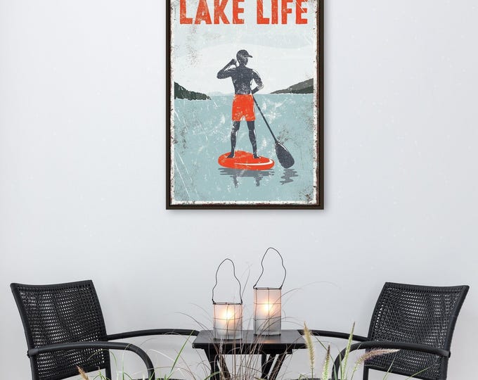 Lake Life Wall Art: Vintage Paddleboarding Scene - Canvas or Paper