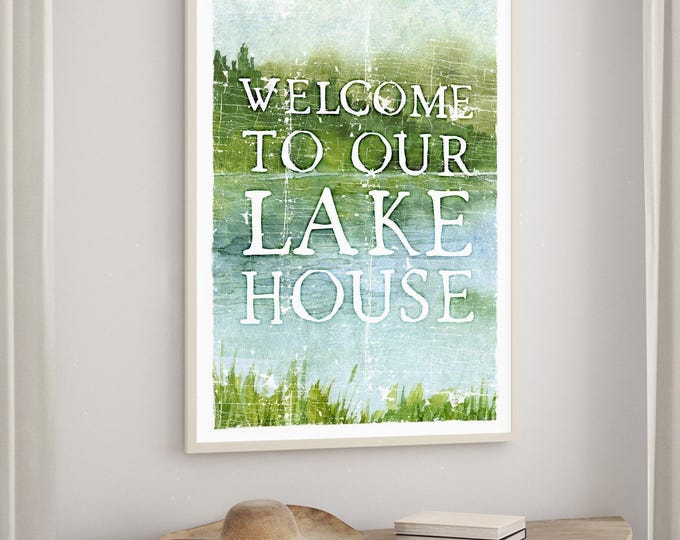 To Our Lake House Watercolor Sign, Green and Blue Shoreline Art, Housewarming Gift