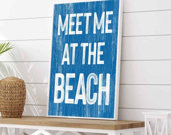 Coastal Wall Art – Vintage “Meet Me at the Beach” Sign in Soft Blue and White