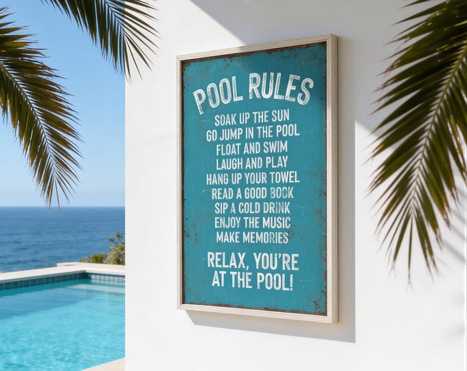 Pool Rules Soak Up The Sun, Duck Blue Teal Ground, White Lettering, Coastal Gift