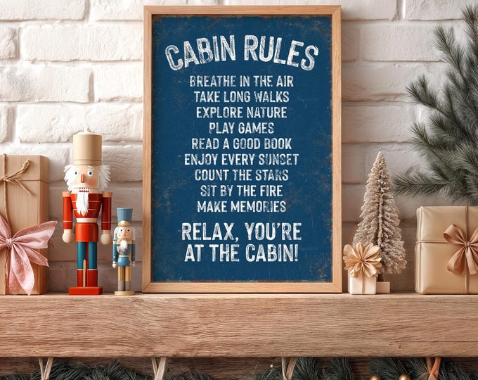 Navy Cabin Rules Sign: Vintage Ski Lodge Wall Decor