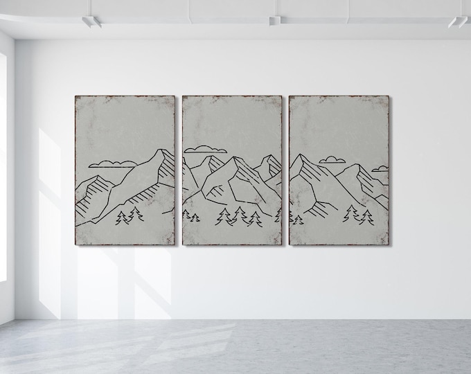 Abstract Mountain Triptych in Stone Gray, Lodge Cabin Wall Art, 3 Piece Set