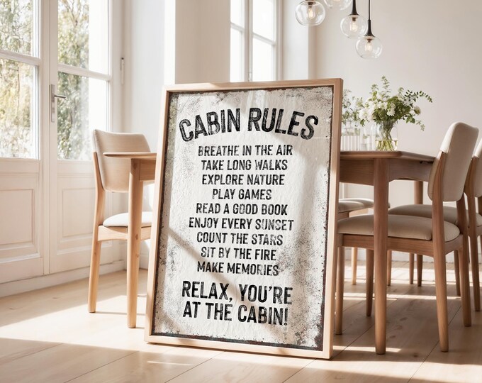 Cabin Rules Wall Art, Black and White Retro Lodge Print, Cozy Rustic Gift