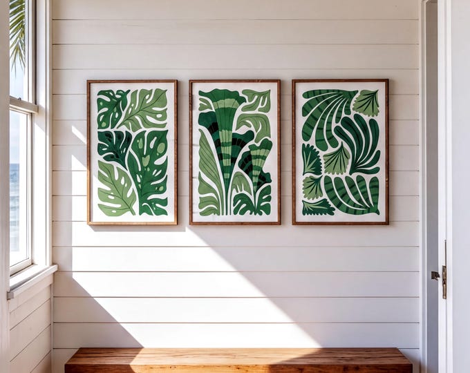 Jungle Leaf Triptych Wall Art, Emerald Monstera and Palm Block Print, Green Set of 3