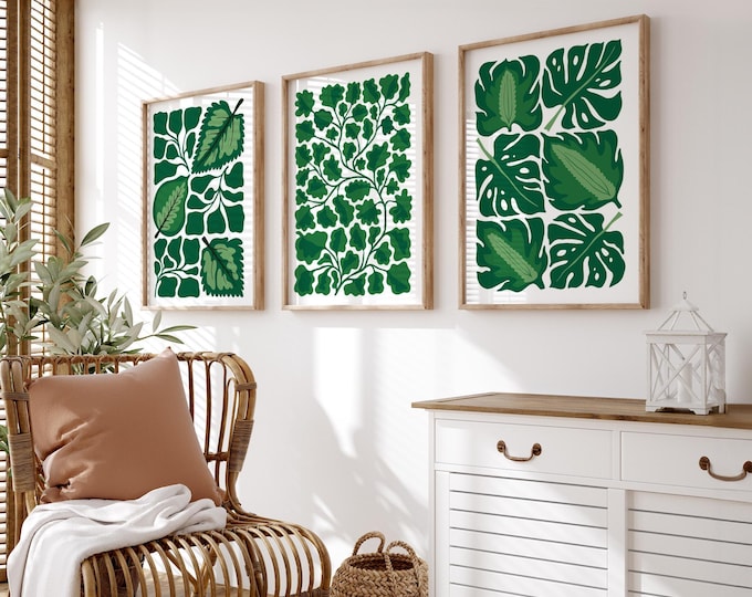 Tropical Leaf Art, Green Jungle Triptych, Monstera Ivy Wall Set, Boho Living Room Decor