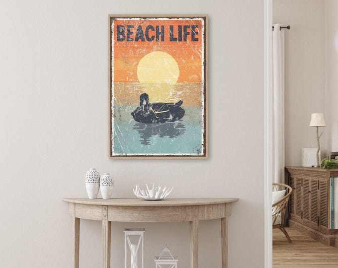 Beach Life Sign, Sunset Inner Tube Float Scene, Vintage Golden Hour Coastal Art